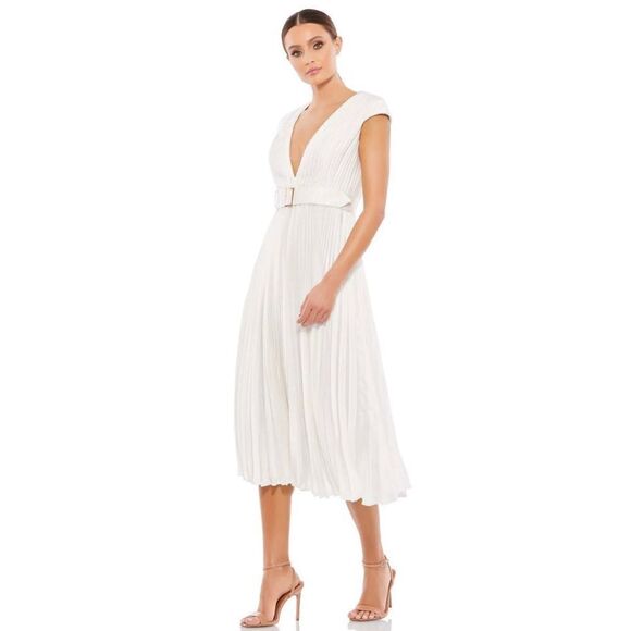 Ieena For Mac Duggal Cap Sleeve Belted A-Line Midi Dress White Women's Size 6 - Picture 1 of 12